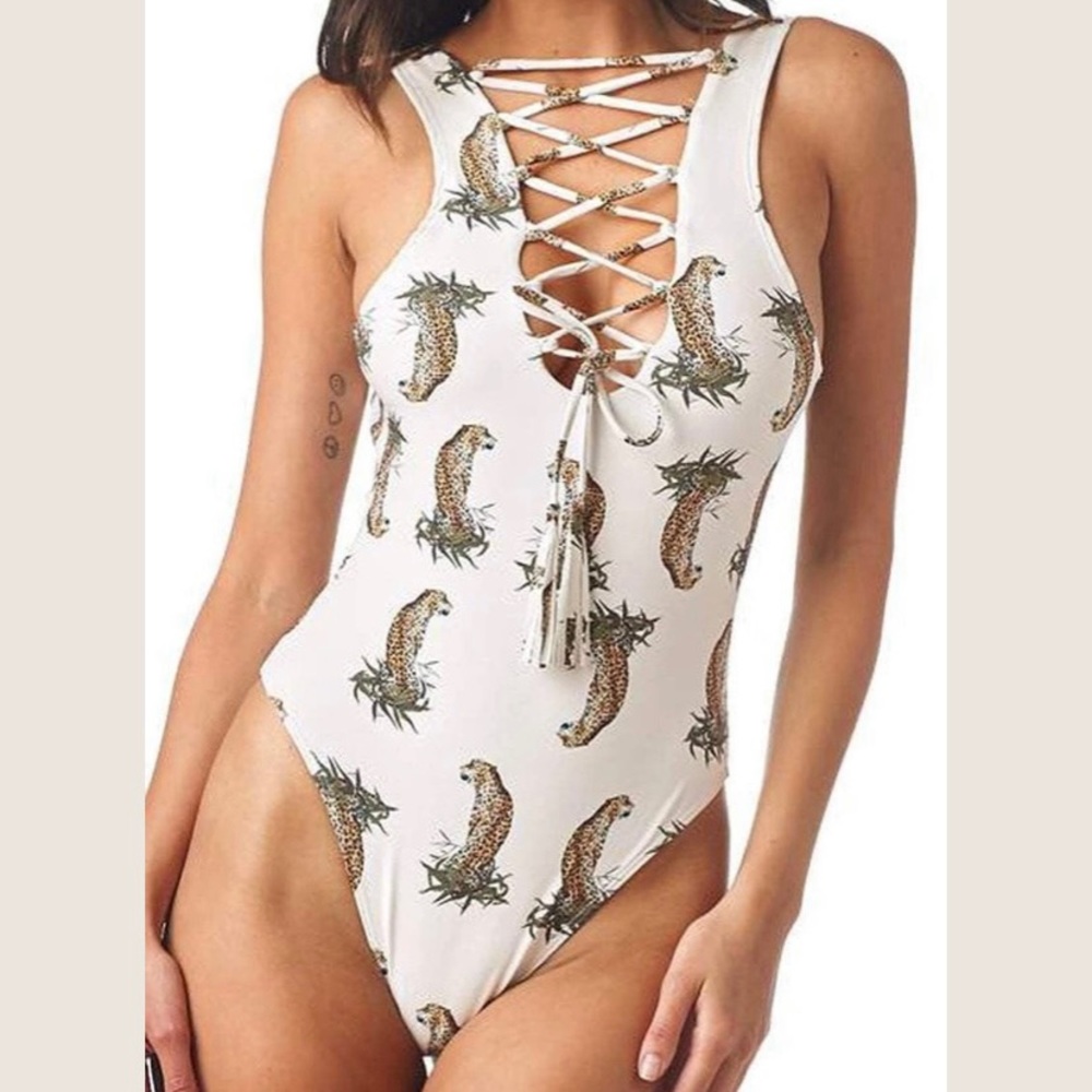 Montce Swim Cream Cheetah Lace-Up Denise Austin One Piece.